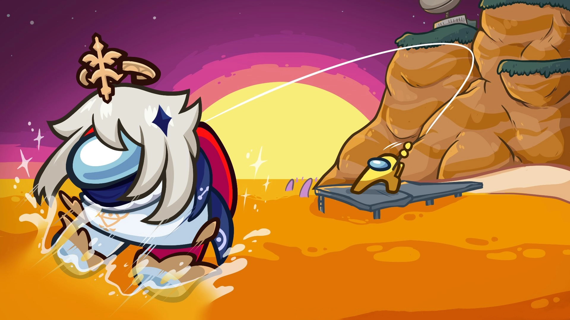 among us genshin impact collab key art